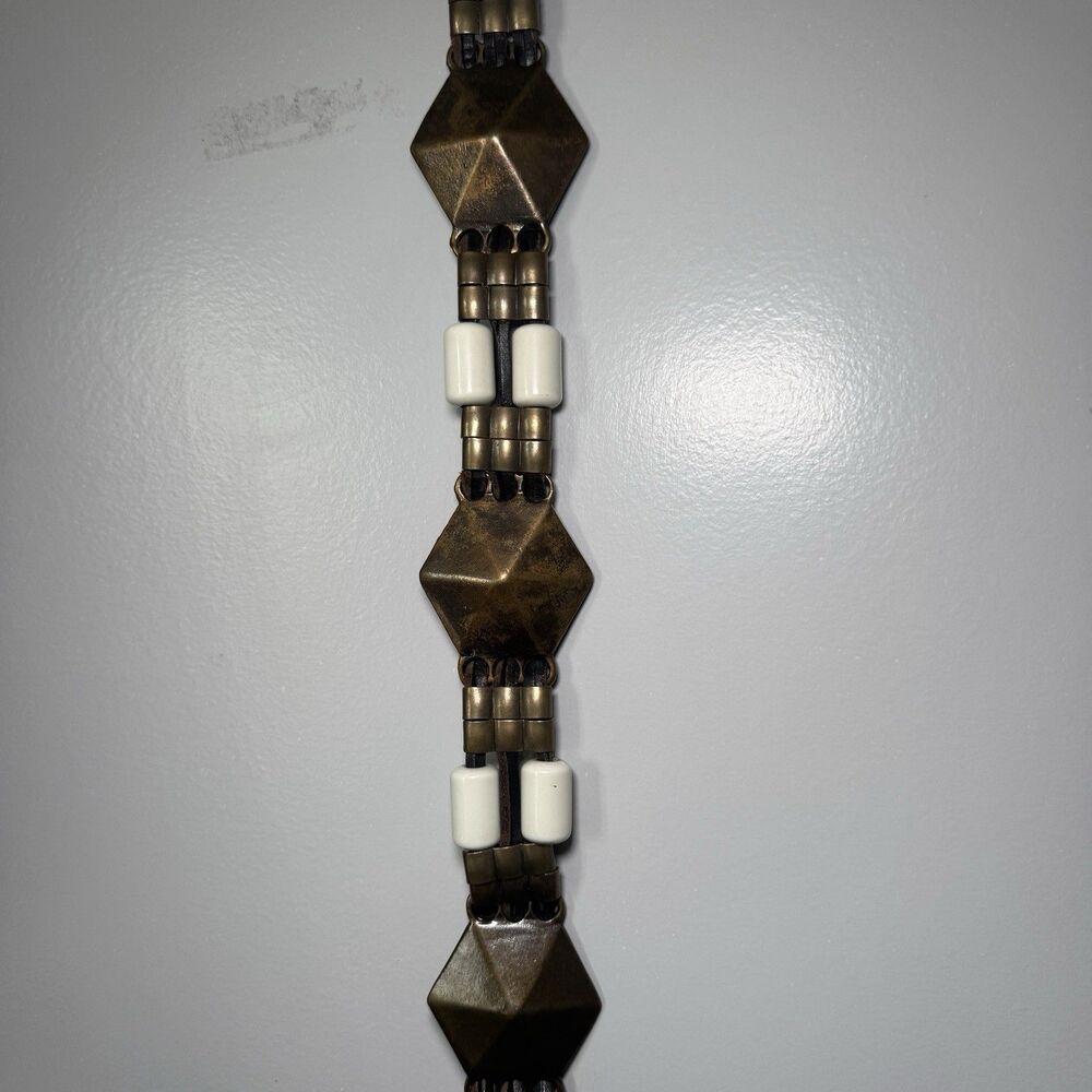 Vintage Unbranded Leather And Metal Bronze Beaded Belt Boho Statement Womens S/M
